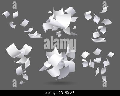 Falling paper sheets. Flying papers pages, white sheet documents and blank document page on wind isolated vector illustration set Stock Vector