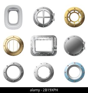 Realistic porthole. Airplane portholes, metal submarine cabin window and steel ship glass windows frame isolated 3d vector set Stock Vector