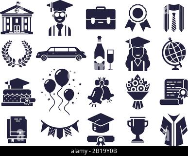 College silhouettes icons. Graduate day, student graduation cap and diploma pictogram silhouette icon vector set Stock Vector