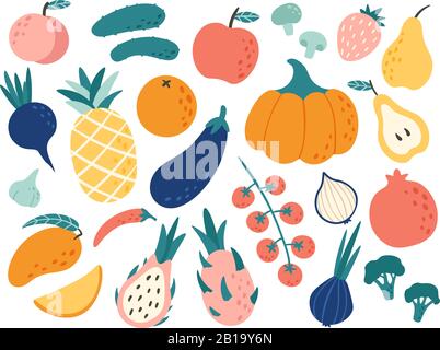 Hand drawn fruits and vegetables. Doodle organic food, vegan vegetable kitchen and doodles vector illustration set Stock Vector