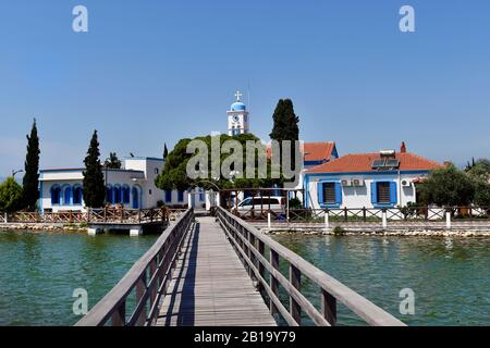 Greece, Porto Lagos, monastery Agios Nicolaos situated on a tiny island in Vistonida lake Stock Photo