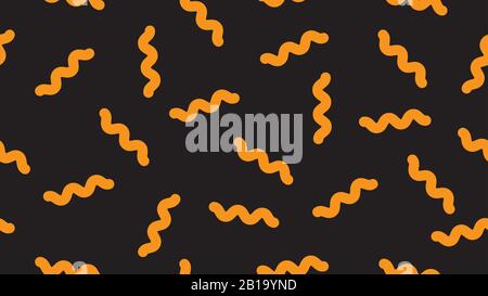 Black background with yellow pasta in memphis style, seamless pattern with spiral macaroni, doodle vector illustration for menu. Stock Vector