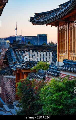 Seoul, South Korea - FEB 23 2020: Normally packed with tourists, Bukchon Hanok Village is quiet as less people venture out due to coronavirus. Stock Photo