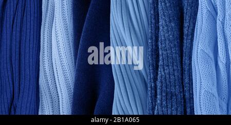 Classic blue palette for spring 2020. Fashion color trends. Knitted clothes fabric samples. Stock Photo