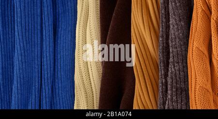 Best brown colors matching for classic blue. Fashion color trends for year 2020. Knitted clothes fabric samples. Stock Photo