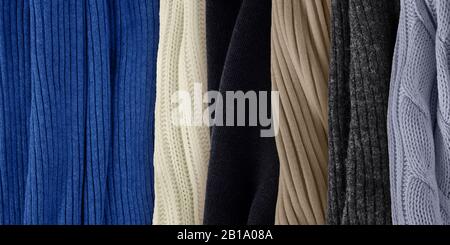 Best natural colors matching for classic blue. Fashion color trends for year 2020. Knitted clothes fabric samples. Stock Photo