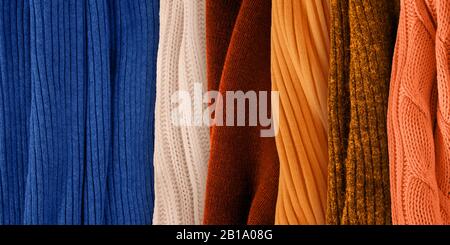 Best orange colors matching for classic blue. Fashion color trends for year 2020. Knitted clothes fabric samples. Stock Photo