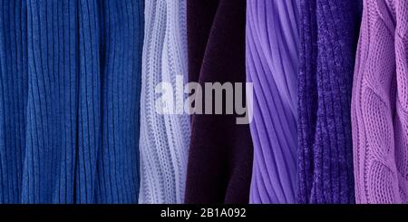 Best violet colors matching for classic blue. Fashion color trends for year 2020. Knitted clothes fabric samples.  Сombination with violaceous,purple, Stock Photo