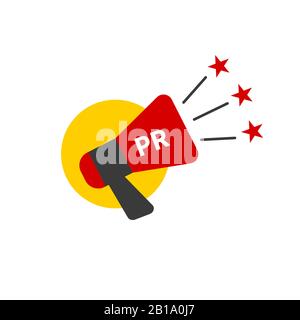 PR agency logo, public relations icon, megaphone with stars, promotion in social media vector sign Stock Vector