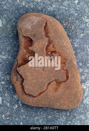 Colour photograph of coastal stone on beach smoothed and rounded by the passages of time and tide containing red stone cobble with grained patterns an Stock Photo