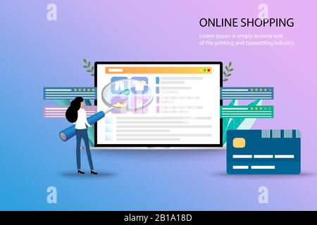 Concept of online shopping, businesswoman hold a magnifier and focus on the display of laptop that show list of products, description, customer rating Stock Vector