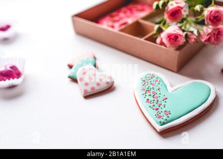 Gift set with hand made sweets in a box on a white table. Stock Photo