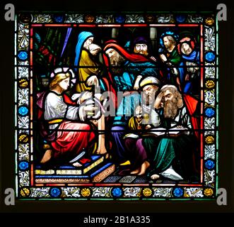 Stained Glass window depicting Jesus preaching,University Cardinal Saint John Newman Church Dublin Stock Photo