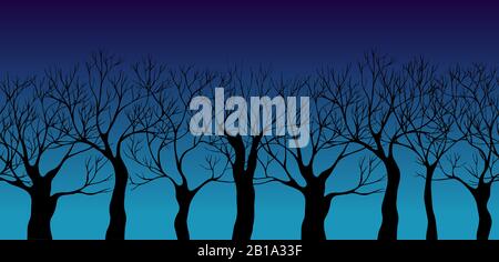 Vector seamless border. Black hand drawn trees on dark blue sky. Autumn night. Stock Vector