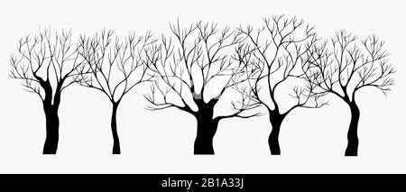 Black hand drawn silhouette trees. Set of vector illustration. Old dark black and white garden Stock Vector