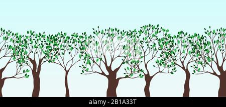 Spring green trees and blue sky. Seamless vector border. Gerden. Summer illustration Stock Vector
