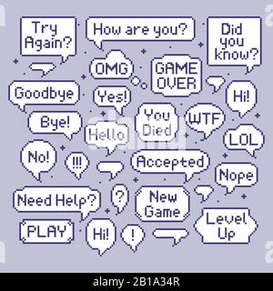 Pixel speech bubbles. Video game talk balloon, retro 8 bit speech bubble and computer games speak vector illustration set Stock Vector