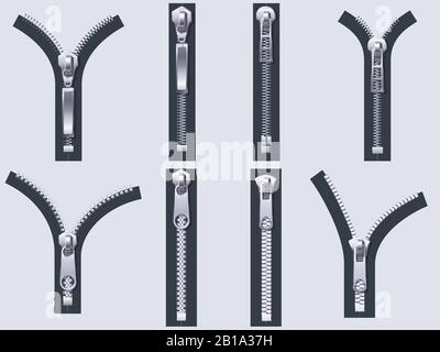 Open and closed zipper. Metal zip pulls, fabric unzip clasp and cloth zippers isolated realistic vector set Stock Vector