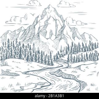 Mountains river engraving. Outdoors travel, mountain adventures and snake rivers vintage hand drawn landscape vector illustration Stock Vector