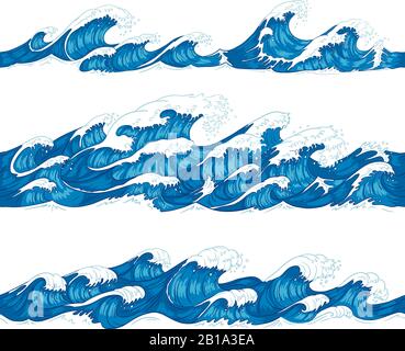 Seamless ocean waves. Sea surf, decorative surfing wave and water pattern hand drawn sketch vector illustration set Stock Vector