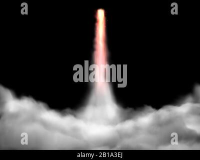 Space rocket takeoff track. Spaceship fly rockets launch smoke cloud isolated realistic vector illustration Stock Vector