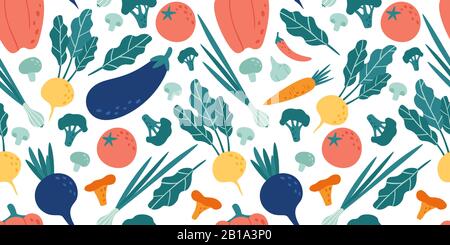 Seamless vegetables pattern. Hand drawn doodle vegetarian food. Vegetable kitchen radish, vegan beets and tomato vector illustration Stock Vector