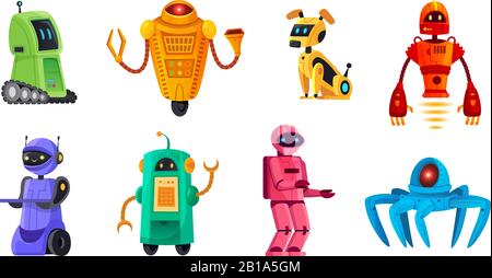 Cartoon robots. Robotics bots, robot pet and robotic android bot characters technology vector illustration set Stock Vector