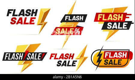 Flash sale. Mega sales lightning badges, best deal lightnings poster and buy only today offer badge vector illustration set Stock Vector