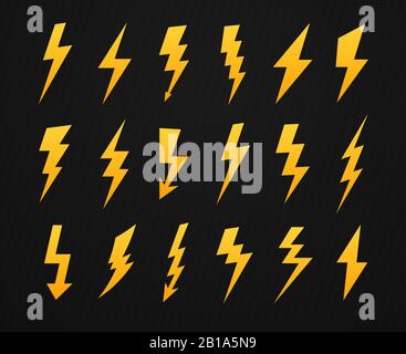 Yellow lightning silhouette. Electrical power high voltage, thunderbolt flash and energy lightnings silhouettes icons vector set Stock Vector