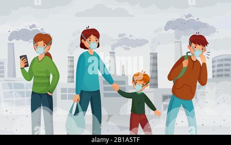 City air pollution. Smog pollutants, suffocation environment and passer in breathing masks vector illustration Stock Vector