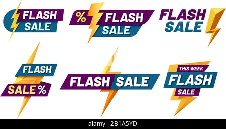 Flash sale badges. Lightning bolt offer, flashes sales badge and trendy shopping offers vector illustration set Stock Vector