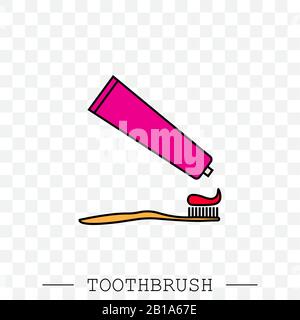 Vector color icon of toothbrush and a tube of toothpaste. Toothpaste is squeezed from a tube onto a toothbrush.Toothbrush icon vector. Teeth cleaning. Stock Vector