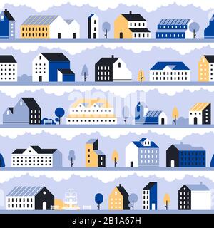 Minimal city pattern. Minimalistic town landscape, modern homes houses and geometric cityscape vector seamless background Stock Vector
