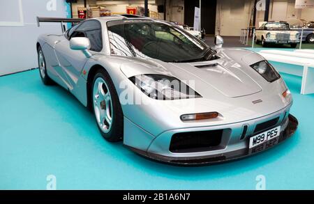 A McLaren F1 on display at the Car Stories Stage, as part of 'A Tribute to Bruce McLaren', at the 2020 London Classic Car Show Stock Photo