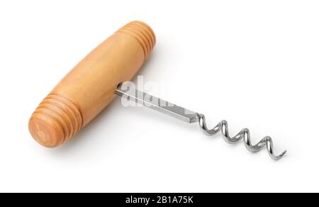 Wood handled corkscrew isolated on white Stock Photo