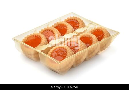 Jam cookies in blister packaging tray isolated on white Stock Photo