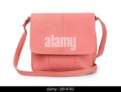 Front view of coral leather handbag isolated on white Stock Photo