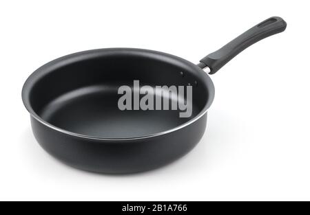 Black empty nonstick frying pan skillet isolated on white Stock Photo