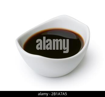 Ceramic dip bowl of soy sauce isolated on white Stock Photo