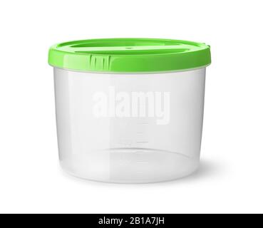 Front view of empty round plastic food container with measuring scales isolated on white Stock Photo