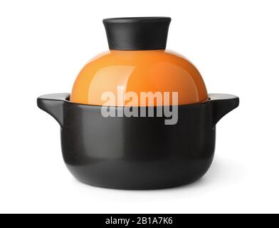 Front view of black ceramic casserole isolated on white Stock Photo