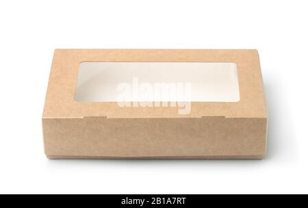 Front view of kraft paper box with transparent window isolated on white Stock Photo