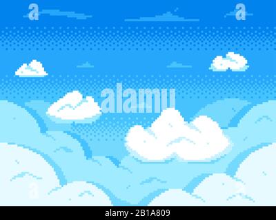 Pixel art sky. Clouds 8-bit skyline, retro video game cloud landscape and cloudy vector background Stock Vector