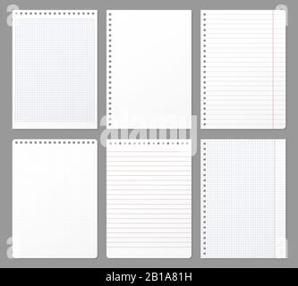 Notebook sheet. Sheets torn from notebook, paper note lined page and copybook notepad padded paper vector illustration set Stock Vector