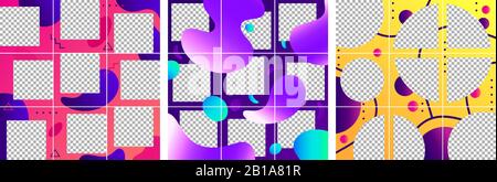 Fluid shapes post template. Colorful abstract trendy social media photo frames posts, puzzle grid templates layout vector set Stock Vector