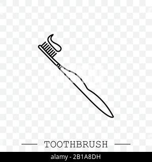 Vector line icon of toothbrush with applied toothpaste portion. Toothbrush icon vector. Teeth cleaning. Line, linear with editable stroke. Dental toot Stock Vector