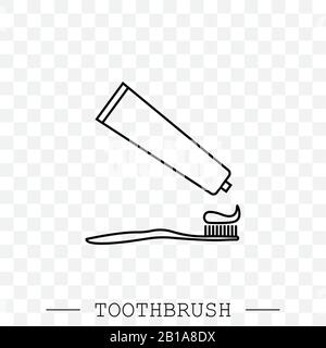 Vector line icon of toothbrush and a tube of toothpaste. Toothpaste is squeezed from a tube onto a toothbrush.Toothbrush icon vector. Teeth cleaning. Stock Vector