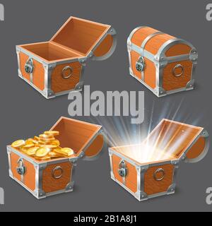Wooden chest. Treasure coffer, old shiny gold case and lock closed or open empty chests 3d vector illustration set Stock Vector