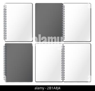Notebook mockup. Empty copybook, notebooks pages binded on metal spiral and open bound sketchbook realistic 3d vector illustration Stock Vector
