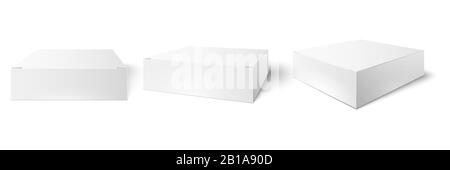 White packaging box. Blank mockup, package cube perspective view and consumer product boxes mockups 3d vector illustration set Stock Vector